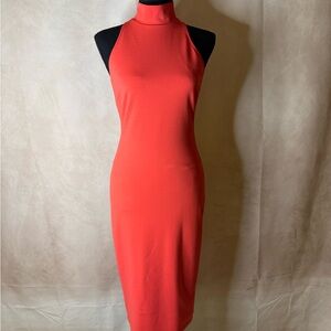 Hale Bob Vibrant Coral Red Body-con Halter Midi Dress Size S